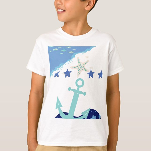 T-shirt Blue Sea with Fish and Stars lively Design (Devant)