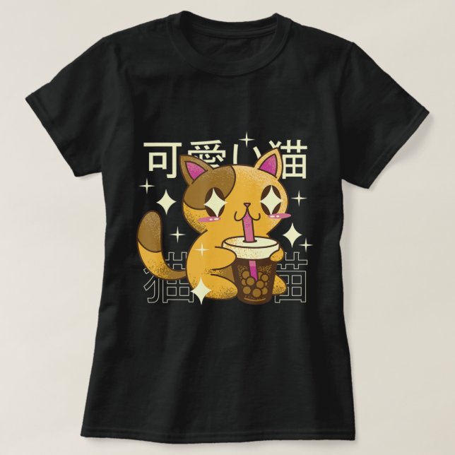 T-shirt Boba Cat Kawaii Anime Japonaise Nourriture Filles  (Design devant)