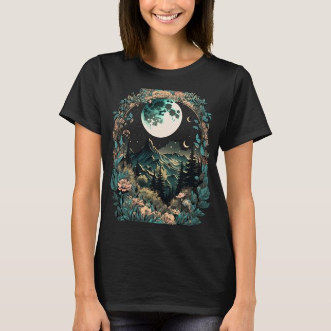T-shirt Boho Chic Floral Moon Mountain Forest Nature Retro (Devant)