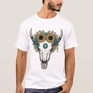 T-shirt Boho Crâne de Taureau Tournesol Vintage Gravure We