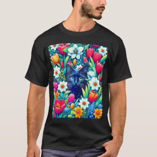 T-shirt Boho Cute Floral Chat Noir Caché Dans Fleur De Pri