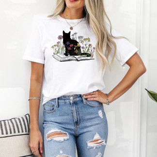 T-shirt Boho Floral Chat assis sur des livres Lover livre