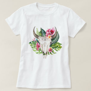 T-shirt Boho Floral Crâne Sarcelle Tropical Île Paradis
