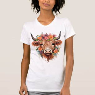 T-shirt Boho Floral Scottish Highland Vache Fleurs occiden