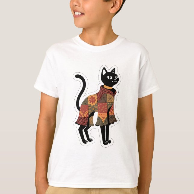 T-shirt Boho Patchwork Tee Graphique Chat Noir (Devant)