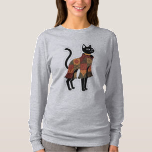 T-shirt Boho Patchwork Tee Graphique Chat Noir