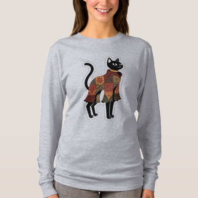 T-shirt Boho Patchwork Tee Graphique Chat Noir (Devant)