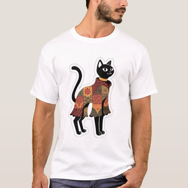 T-shirt Boho Patchwork Tee Graphique Chat Noir (Devant)