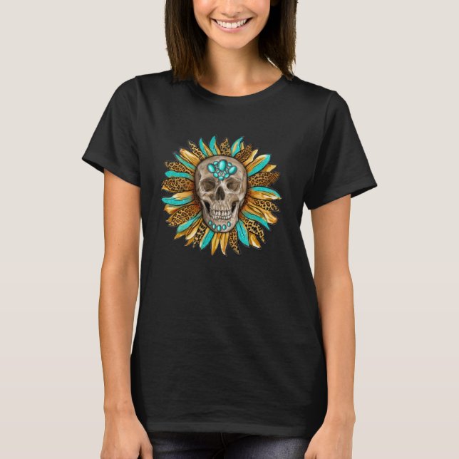 T-shirt Boho Turquoise skull sunflower turquoise Gypsy Sou (Devant)