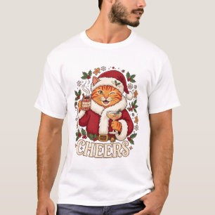 T-shirt Boire Noël Orange Chat Chapeau de Père Noël Boisso