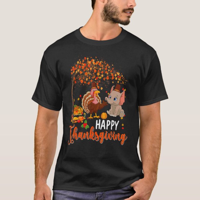 T-shirt Bon thanksgiving Automne Arbre Turquie Et Éléphant (Devant)