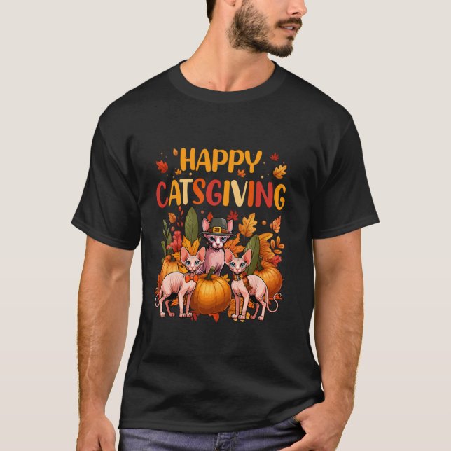 T-shirt Bon thanksgiving Chat Trois Cute Sphynx Chats Owen (Devant)