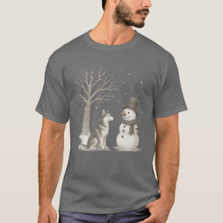 T-shirt Bonhomme de neige chien Husky Hiver Noël Vintage D