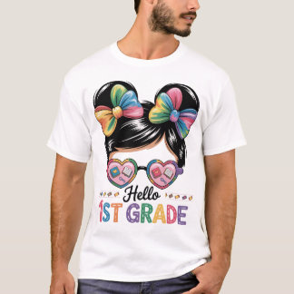 T-shirt Bonjour 1E Année Messy Bun Retour À L'École