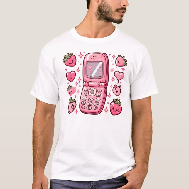 T-shirt Bonjour ? 2003 - Y2K Fraise Flip Phone Art (Devant)