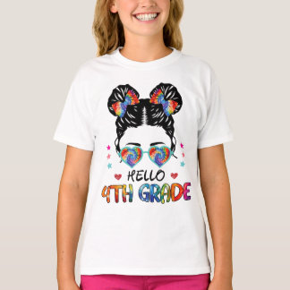 T-shirt Bonjour 4e année Messy Bun Retour à l'école filles