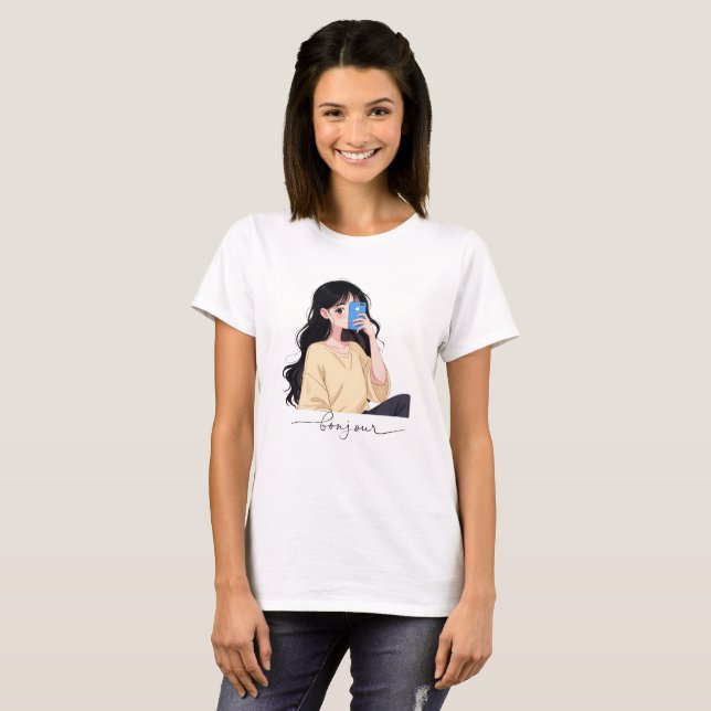T-shirt Bonjour Aesthetic Girl Selfie Illustration (Devant entier)