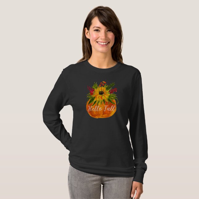 T-shirt Bonjour Automne Tournesols Citrouille Rustique (Devant entier)