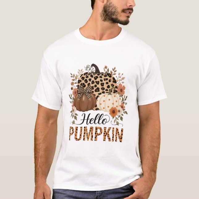 T-shirt Bonjour Citrouille Png, Boho Floral Automne Leopar (Devant)