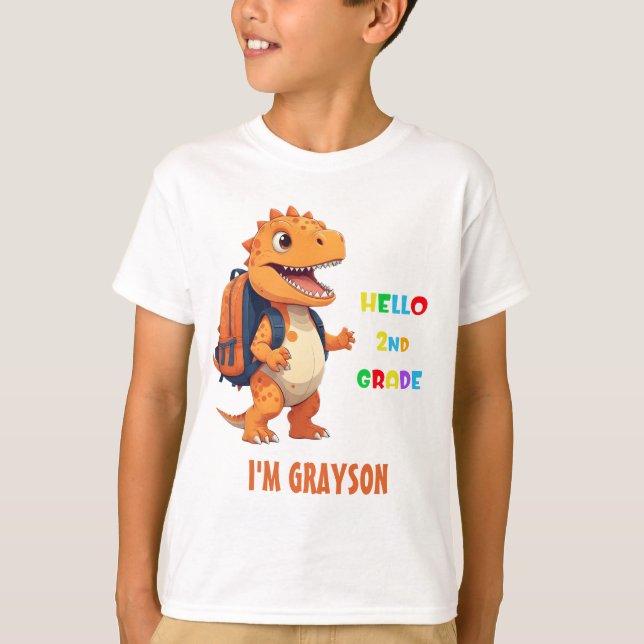 T-shirt Bonjour Dinosaur de 2ème année avec le nom à l'éco (Devant)
