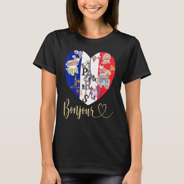T-shirt Bonjour France I Love Paris French Flag Heart Fren (Devant)