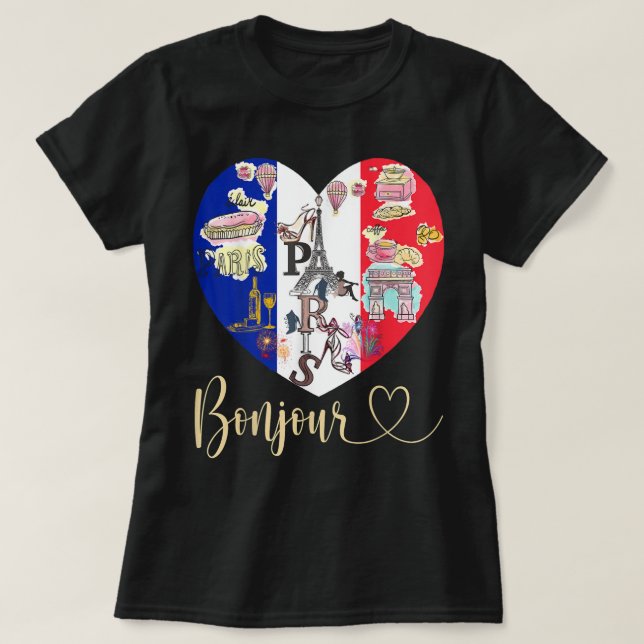 T-shirt Bonjour France I Love Paris French Flag Heart Fren (Design devant)