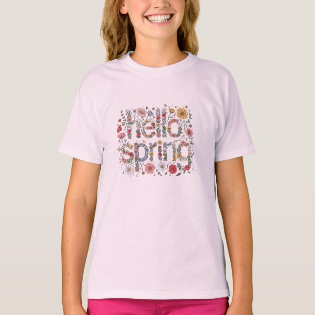 T-shirt Bonjour Printemps – Conception de lettrage floral (Devant)