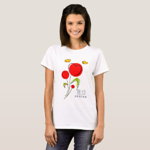 T-shirt Bonjour Texte de printemps avec Fleurs de Coeur Ro