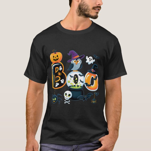 T-shirt Boo Déplaisant Owl Citrouille Ghost Éffrayant Homm (Devant)