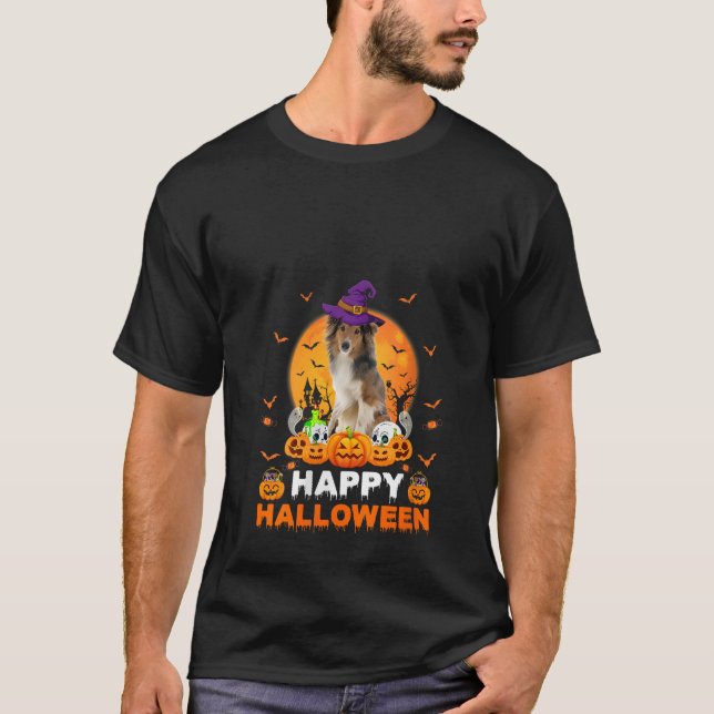 T-shirt Boo Ghost Scary Citrouille Witch Shetland Sheepdog (Devant)
