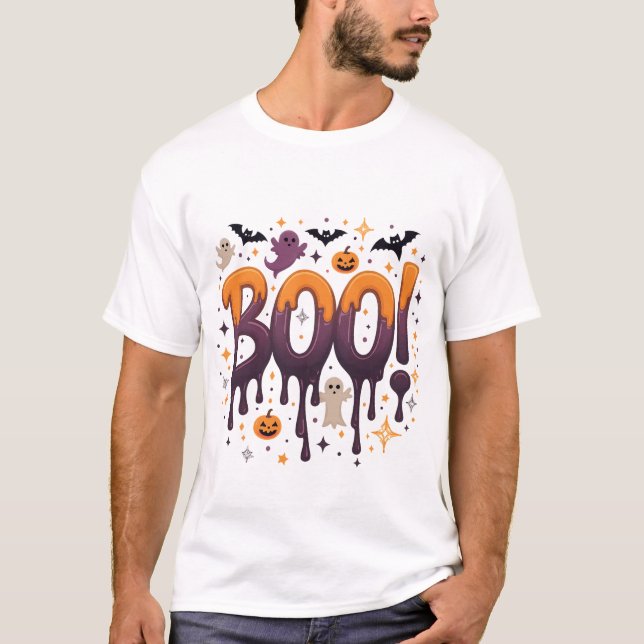 T-shirt BOO Halloween lettres de goutte avec des fantômes, (Devant)