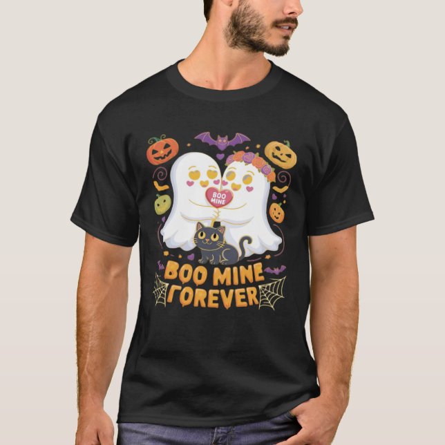 T-shirt Boo Mine Forever Cute Ghosts Black Cat Love Hallow (Devant)