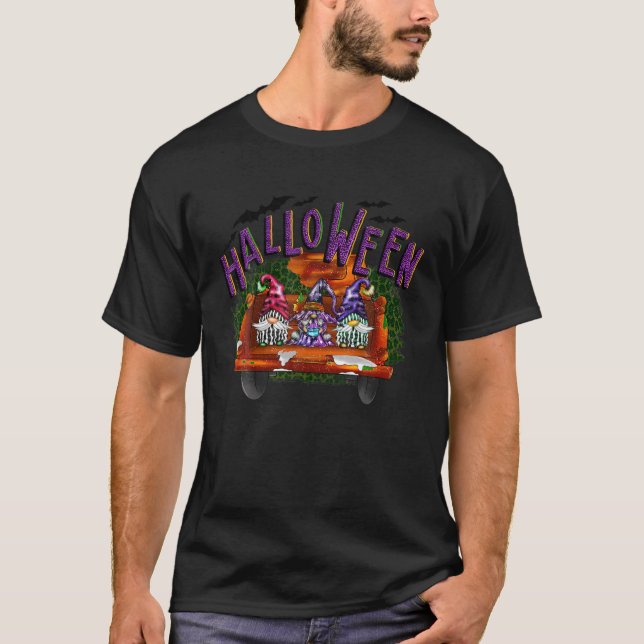 T-shirt Boo Pumkin Witch Gnomes In Halloween Truck Funny (Devant)
