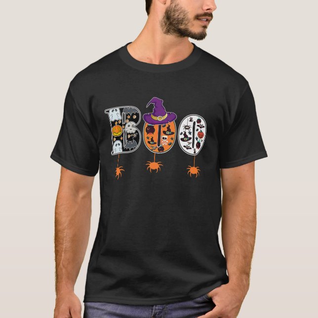 T-shirt Boo With Spiders And Witch Hat Halloween (Devant)