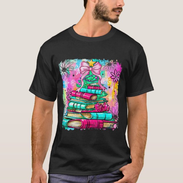 T-shirt Book Christmas Tree Lights Teacher Librarian Book  (Devant)