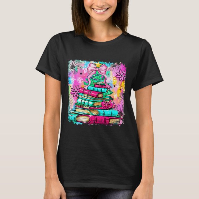 T-shirt Book Christmas Tree Lights Teacher Librarian Book  (Devant)