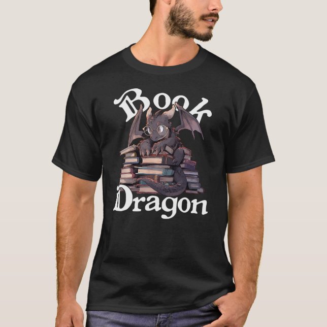 T-shirt Book Dragon Book Lover Bookworm Funny Book Reader  (Devant)