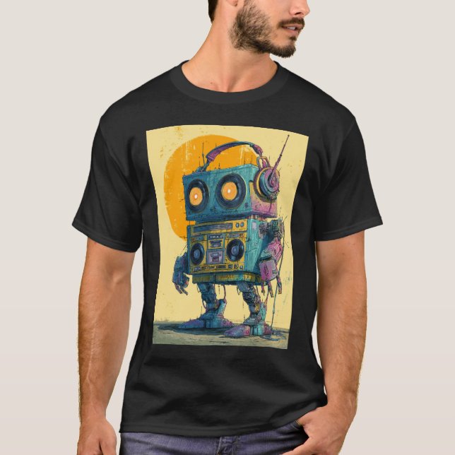 T-shirt Boombox Bot Wanderer — Grunge Retro Mech  (Devant)