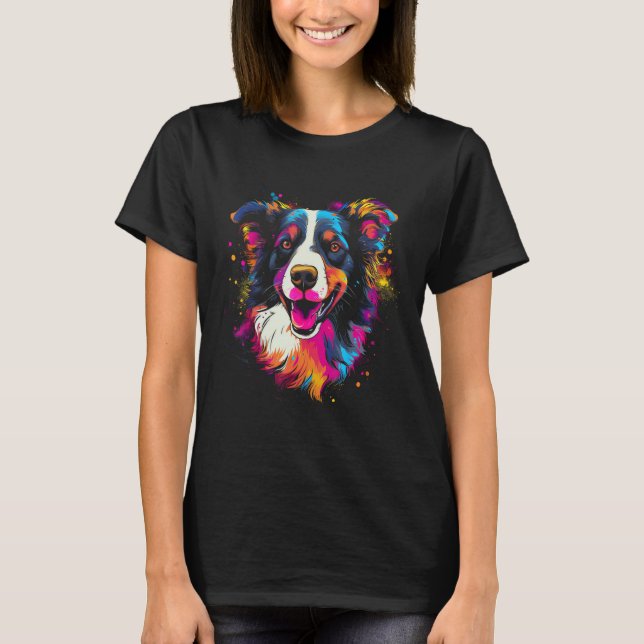 T-shirt Border Collie Rainbow Splashes Retro Design (Devant)