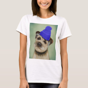 T-shirt Border Terrier with Blue Bobble Hat