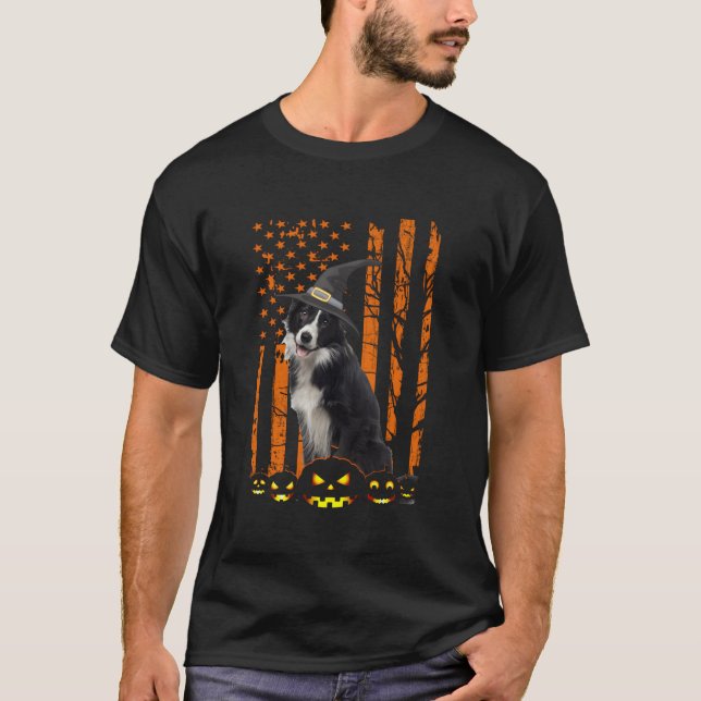 T-shirt Bordure Collie Chien Citrouille American Flag WitH (Devant)