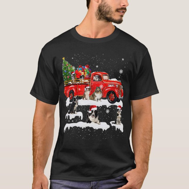 T-shirt Bordure Collie équitation Camion Rouge Joyeux Noël (Devant)