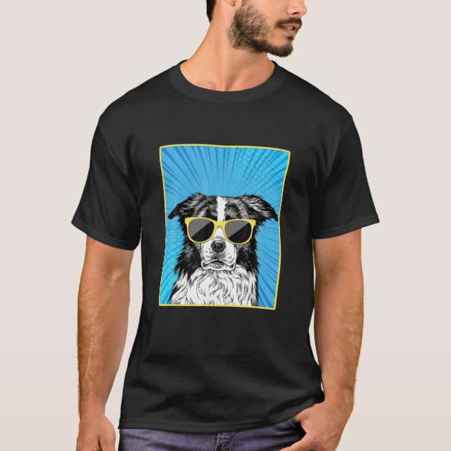 T-shirt Bordure Collie Portrait Pop Art Chien avec lunette (Devant)
