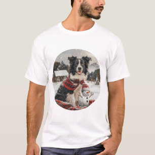 T-shirt Bordure de Noël Collie Chien Snowman