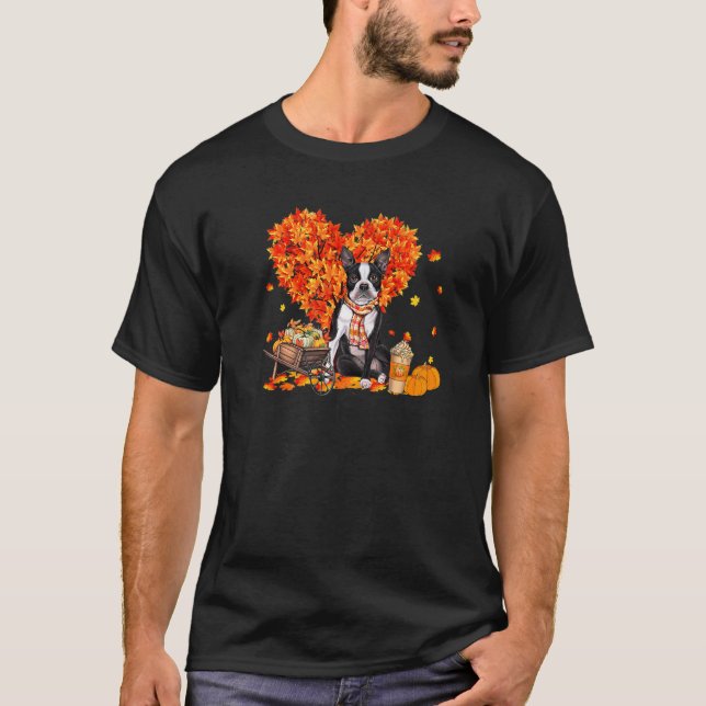 T-shirt Boston Terrier Autumn Tree Fall Leaves Pumpkin Dog (Devant)