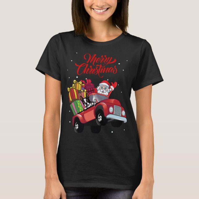 T-shirt Boston Terrier Avec Le Père Noël Dans Un Chien De  (Devant)