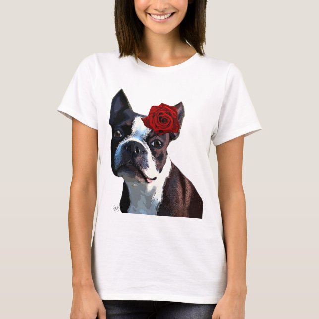 T-shirt Boston Terrier avec Rose sur Head 2 (Devant)