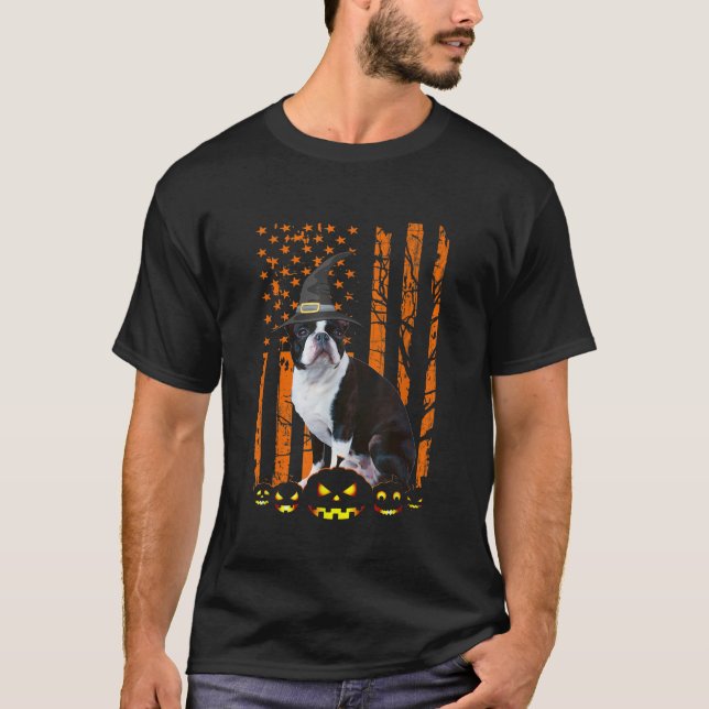 T-shirt Boston Terrier Chien Citrouille Drapeau américain  (Devant)