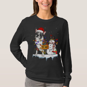 T-shirt boston terrier Chien Noël Snowman Xmas Lights P