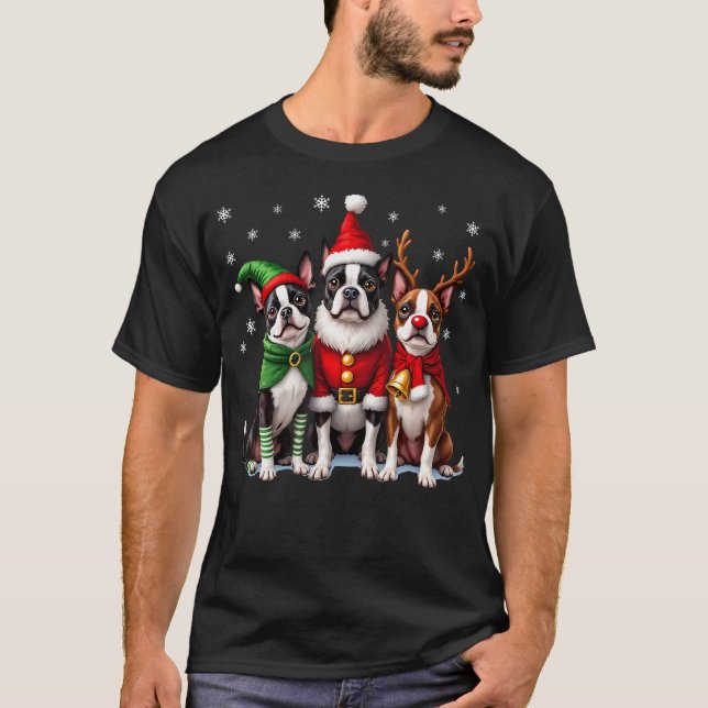 T-shirt Boston Terrier Christmas Dogs Funny Santa Reindeer (Devant)